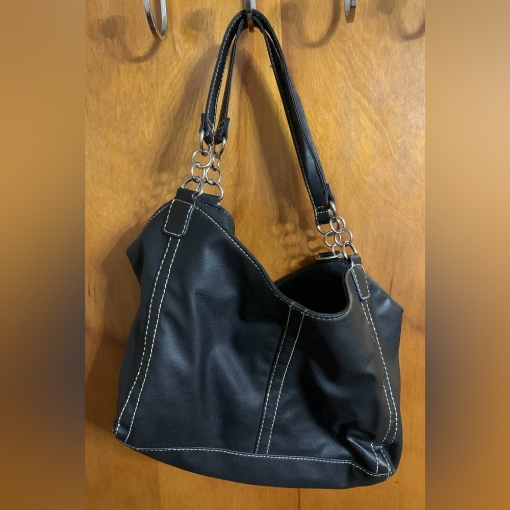Avon Black Purse Bag PVC with PU Durable Material Pockets Gold Look Accents - Picture 3 of 10